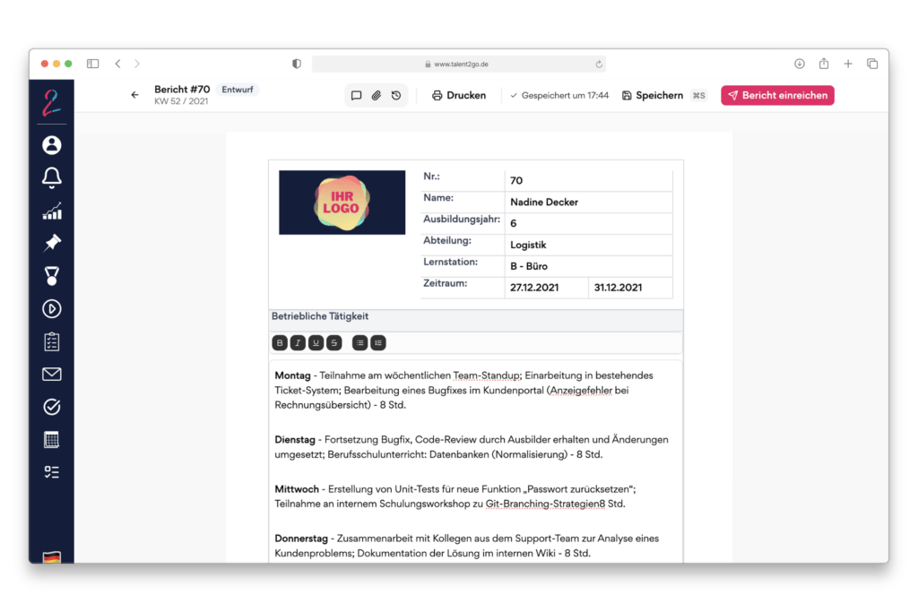 Talent2Go: Berichtsheft schreiben