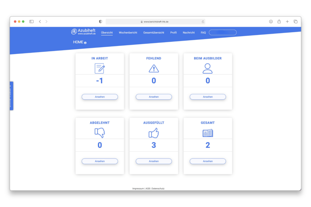 Azubiheft Berichtsheft-Dashboard
